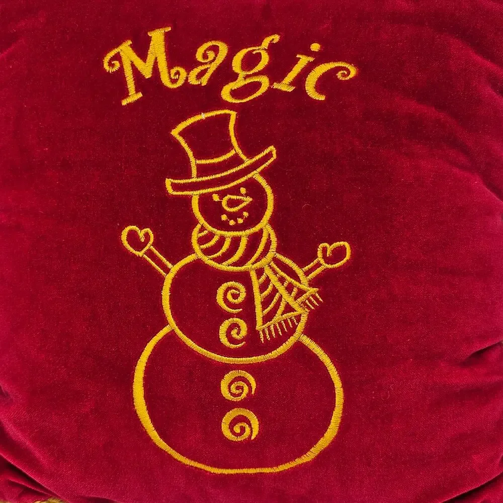 Christmas Throw Pillow Snowman Embroidered Velvet Red Gold 10 x 10 Inch Square